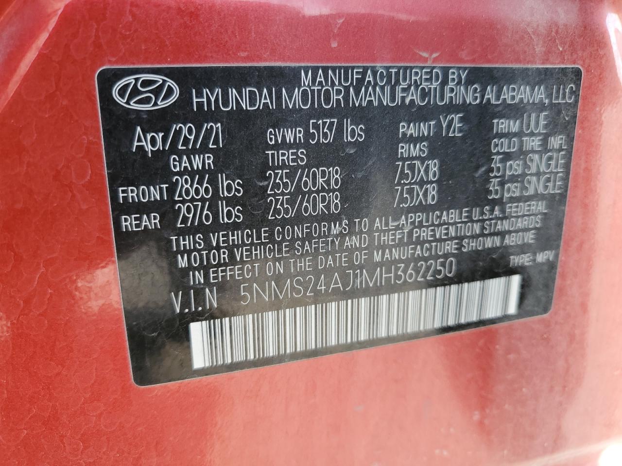 2021 Hyundai Santa Fe Sel VIN: 5NMS24AJ1MH362250 Lot: 81439295