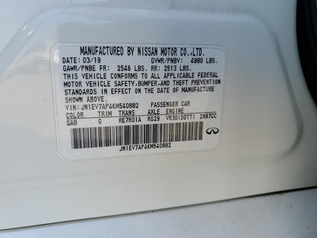 2019 Infiniti Q50 Luxe VIN: JN1EV7AP4KM540882 Lot: 80099715