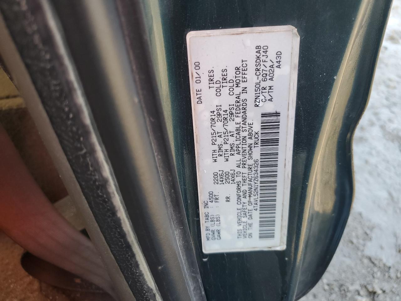 2000 Toyota Tacoma Xtracab VIN: 4TAVL52N1YZ634326 Lot: 84189875