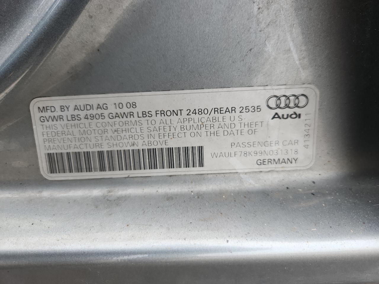 2009 Audi A4 2.0T Quattro VIN: WAULF78K99N031318 Lot: 81020435