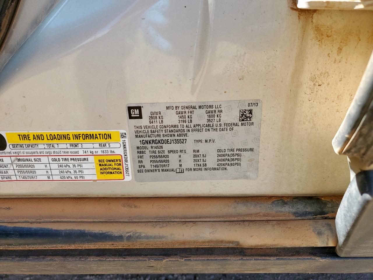 2014 Chevrolet Traverse Lt VIN: 1GNKRGKD0EJ135527 Lot: 81828525