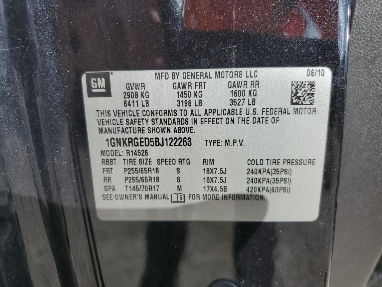 2011 Chevrolet Traverse Lt VIN: 1GNKRGED5BJ122263 Lot: 81298865