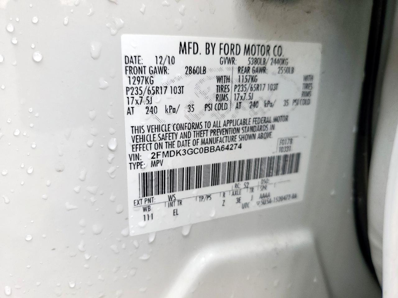 2011 Ford Edge Se VIN: 2FMDK3GC0BBA64274 Lot: 84642305