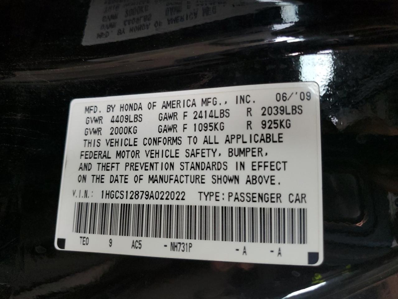 2009 Honda Accord Exl VIN: 1HGCS12879A022022 Lot: 81159895