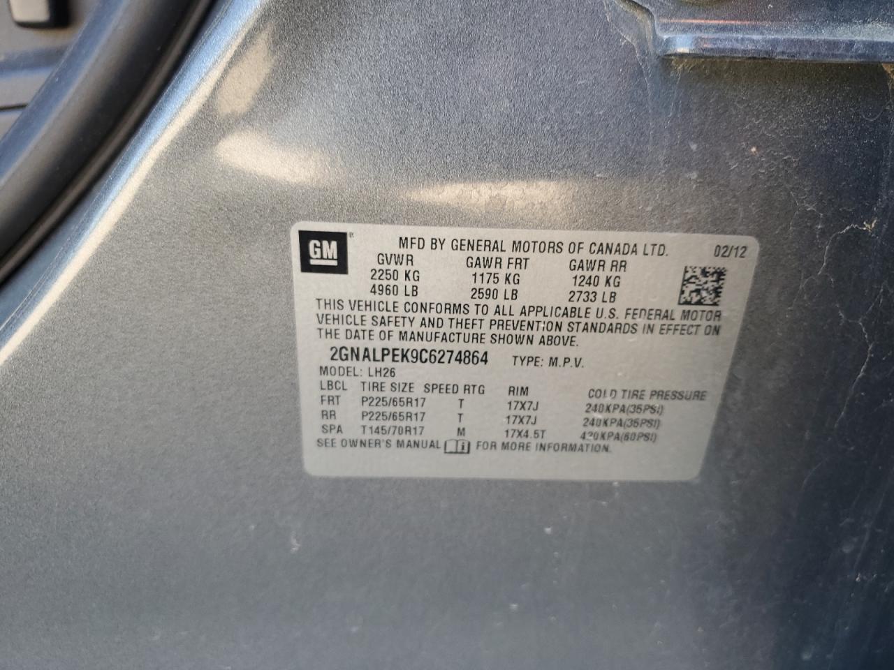 2012 Chevrolet Equinox Lt VIN: 2GNALPEK9C6274864 Lot: 81040605