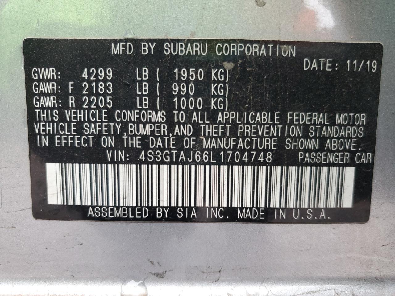 2020 Subaru Impreza Sport VIN: 4S3GTAJ66L1704748 Lot: 82074695