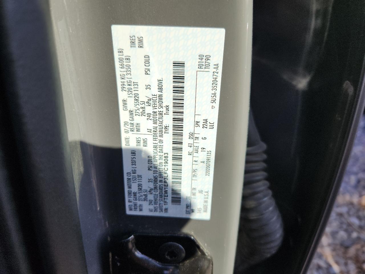 2020 Ford F150 Supercrew VIN: 1FTEW1EP3LFC19083 Lot: 83965395