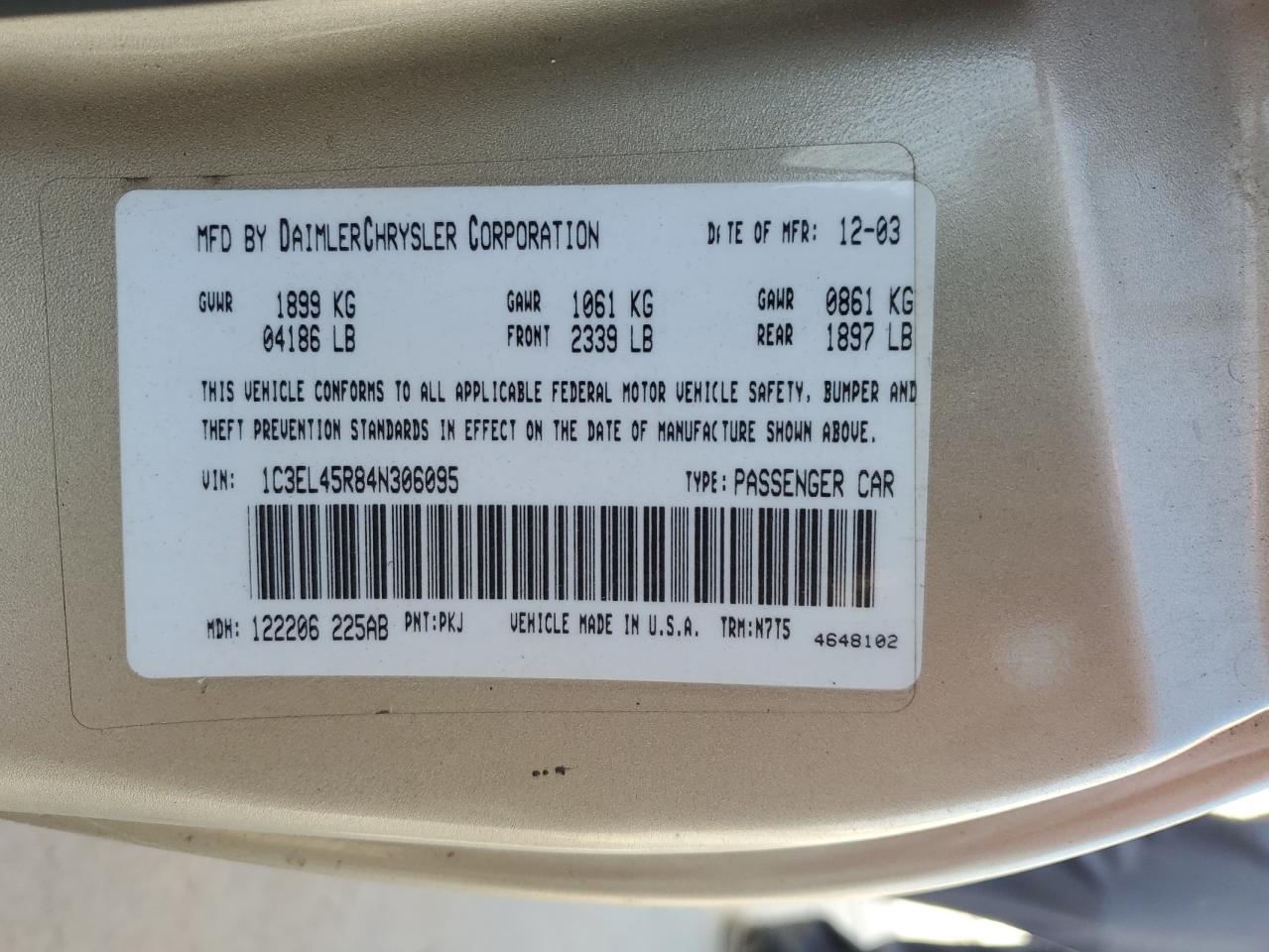 2004 Chrysler Sebring Lx VIN: 1C3EL45R84N306095 Lot: 80362375