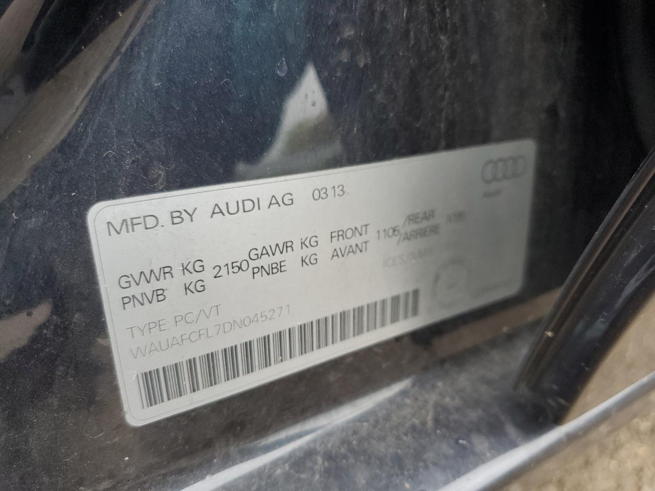 2013 Audi A4 Premium VIN: WAUAFCFL7DN045271 Lot: 83937435