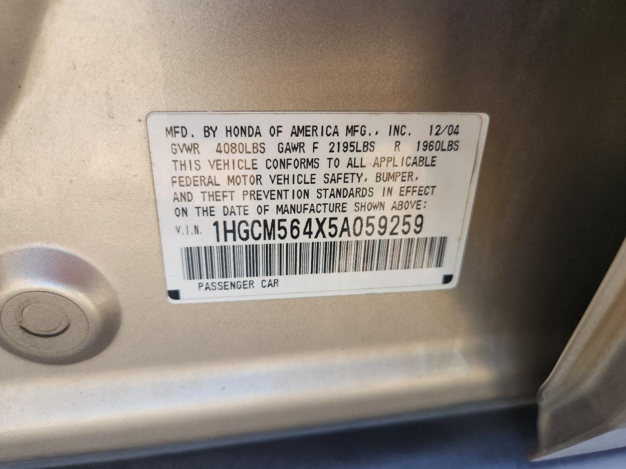 2005 Honda Accord Lx VIN: 1HGCM564X5A059259 Lot: 84198375