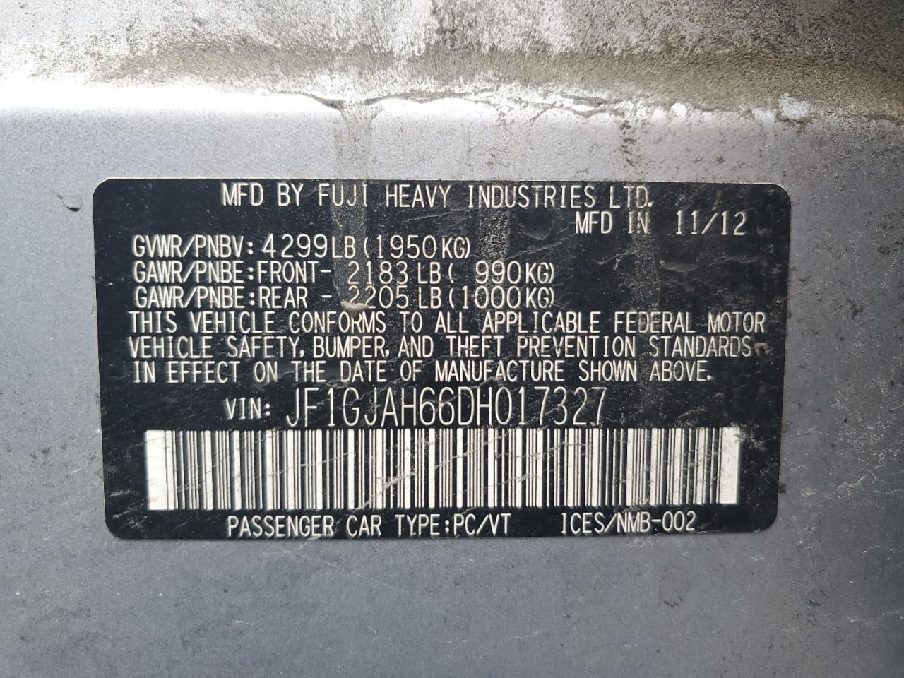 2013 Subaru Impreza Limited VIN: JF1GJAH66DH017327 Lot: 81423235