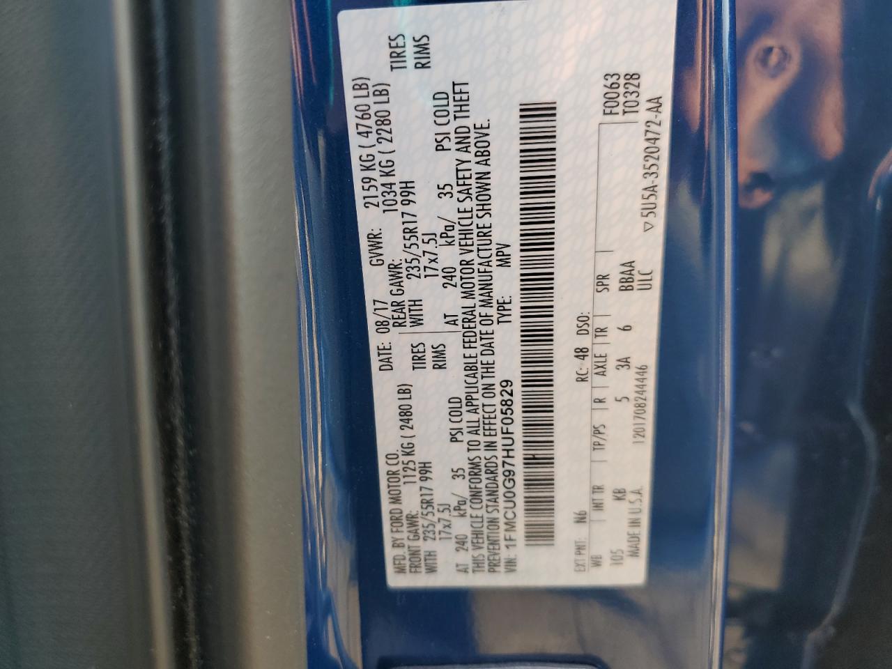 2017 Ford Escape Se VIN: 1FMCU0G97HUF05829 Lot: 80680515