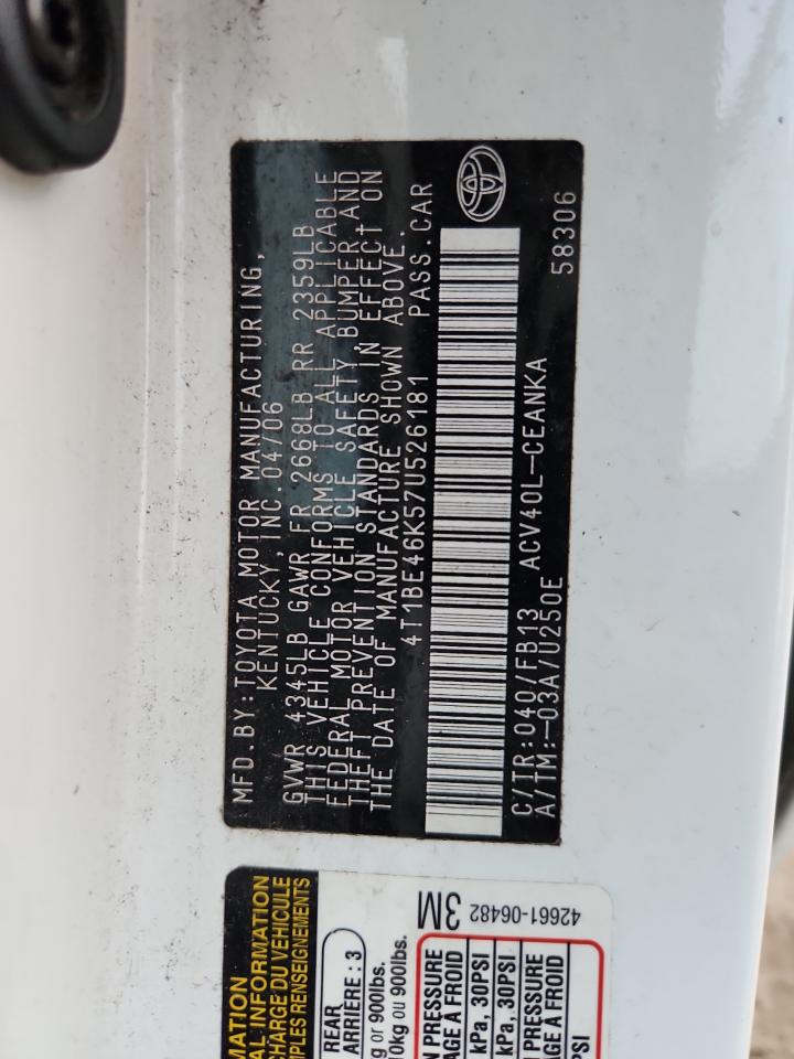 2007 Toyota Camry Ce VIN: 4T1BE46K57U526181 Lot: 84549875