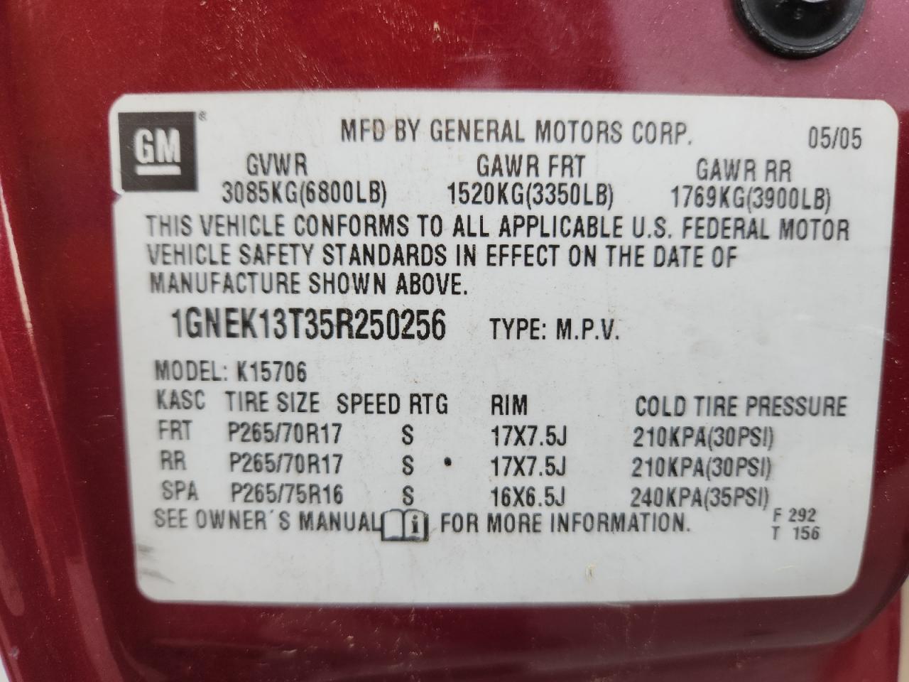 2005 Chevrolet Tahoe K1500 VIN: 1GNEK13T35R250256 Lot: 81262265