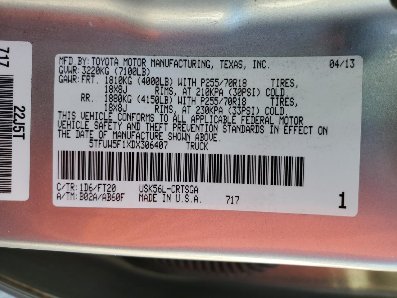 2013 Toyota Tundra Double Cab Sr5 VIN: 5TFUW5F1XDX306407 Lot: 70155815