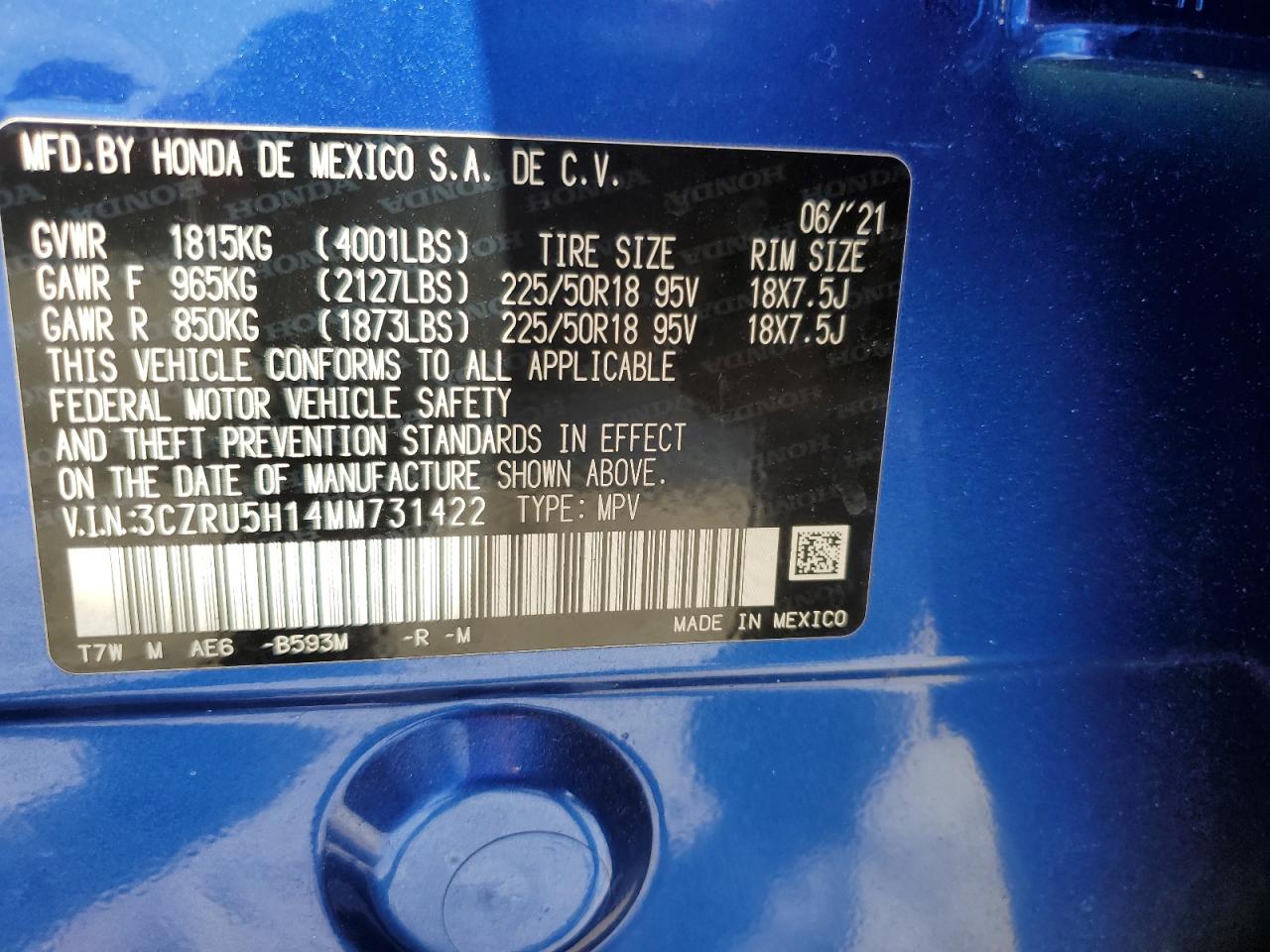 2021 Honda Hr-V Sport VIN: 3CZRU5H14MM731422 Lot: 80691725