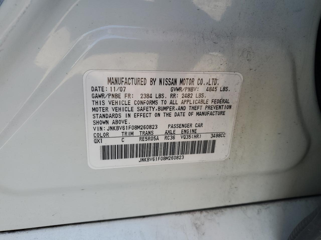 2008 Infiniti G35 VIN: JNKBV61F08M260823 Lot: 71448415