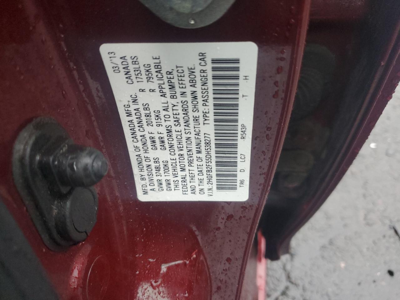 2013 Honda Civic Lx VIN: 2HGFB2F55DH538277 Lot: 81746185