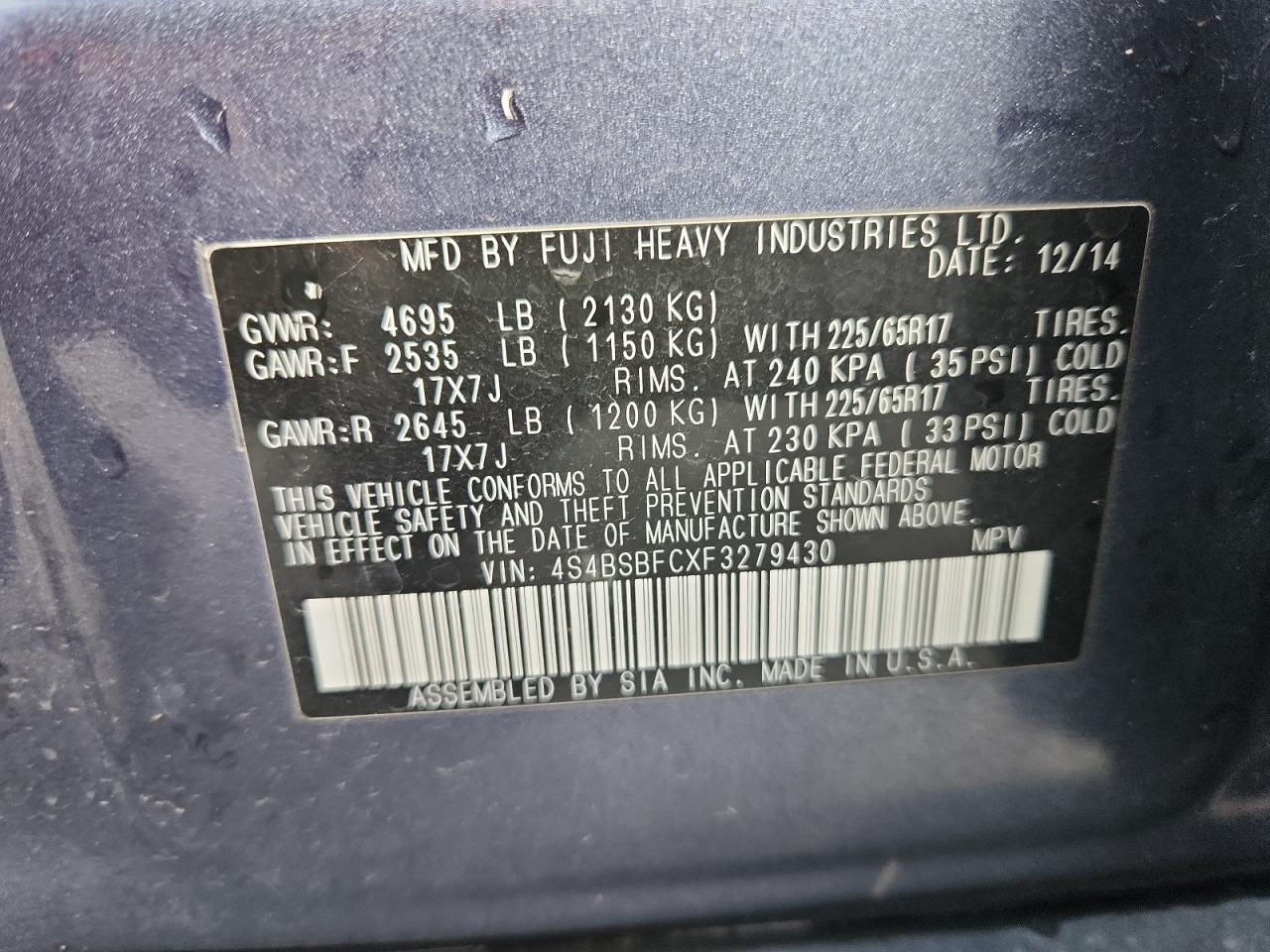2015 Subaru Outback 2.5I Premium VIN: 4S4BSBFCXF3279430 Lot: 80941105