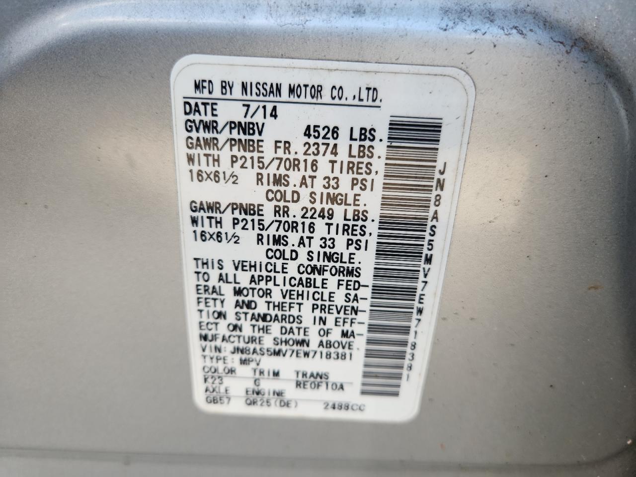 2014 Nissan Rogue Select S VIN: JN8AS5MV7EW718381 Lot: 71891465