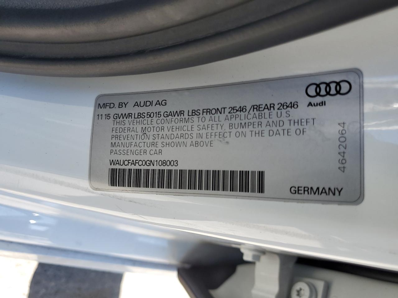 2016 Audi A6 Premium VIN: WAUCFAFC0GN108003 Lot: 71879745