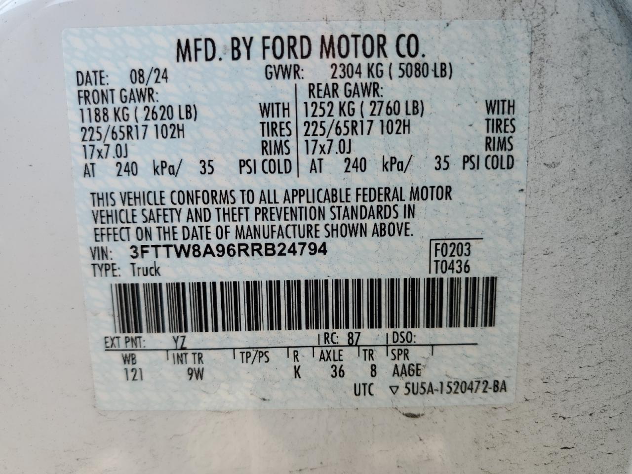 2024 Ford Maverick Xl VIN: 3FTTW8A96RRB24794 Lot: 71601855