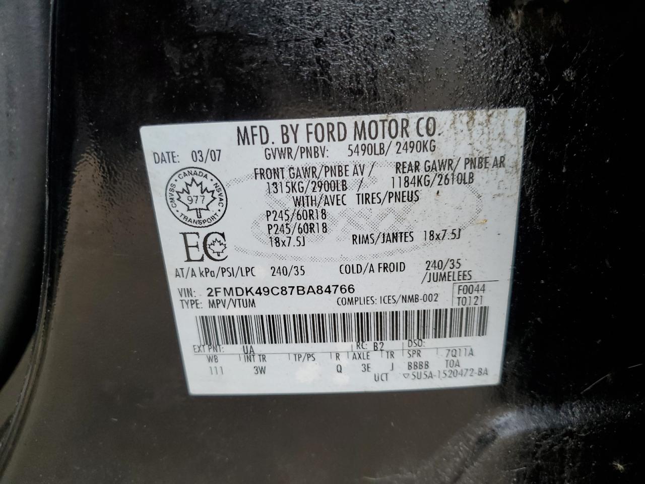 2007 Ford Edge Sel Plus VIN: 2FMDK49C87BA84766 Lot: 82057155