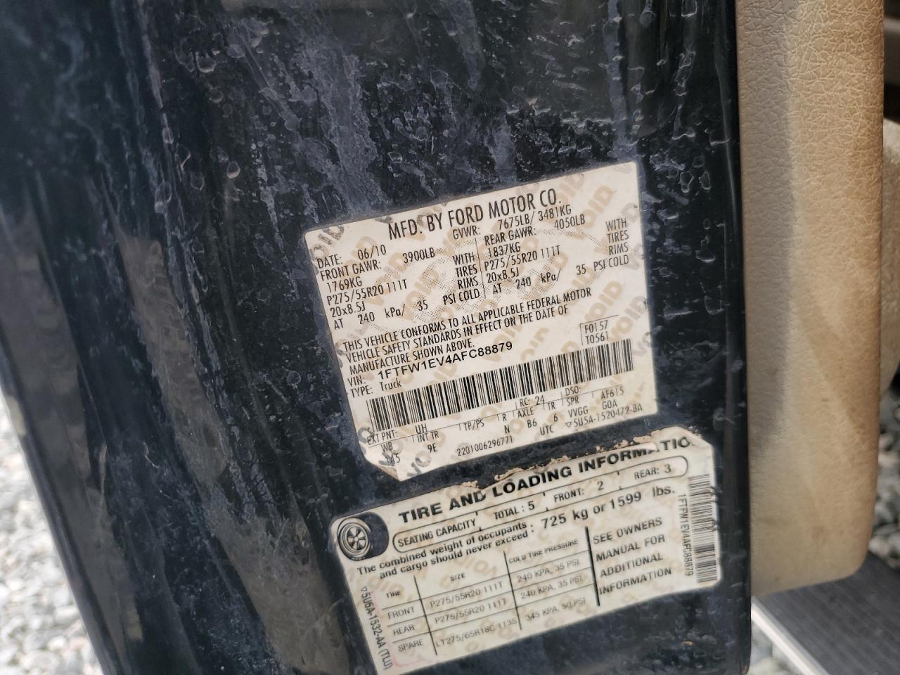 2010 Ford F150 Supercrew VIN: 1FTFW1EV4AFC88879 Lot: 84601065