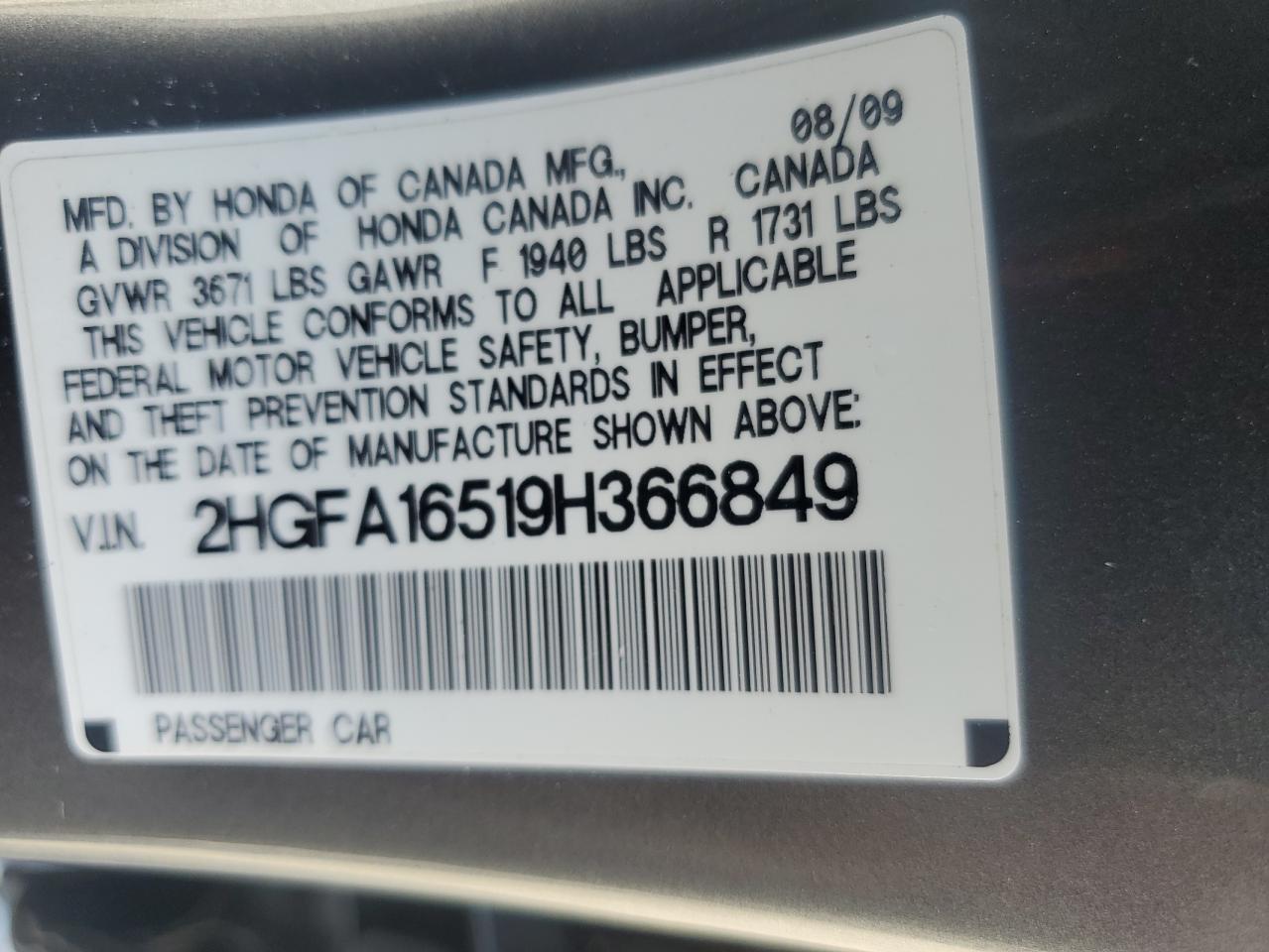 2009 Honda Civic Lx VIN: 2HGFA16519H3849 Lot: 81371115