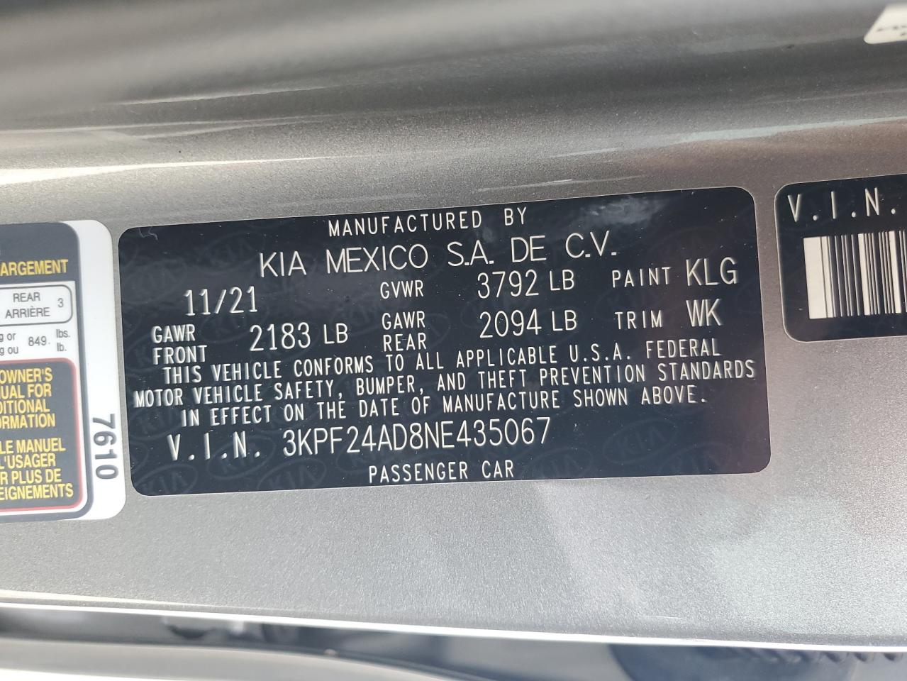 2022 Kia Forte Fe VIN: 3KPF24AD8NE435067 Lot: 81839545