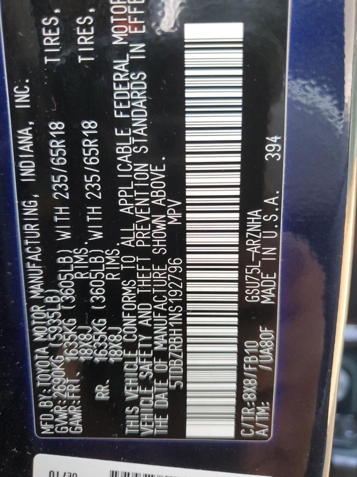 2022 Toyota Highlander L VIN: 5TDBZRBH1NS192796 Lot: 81601415