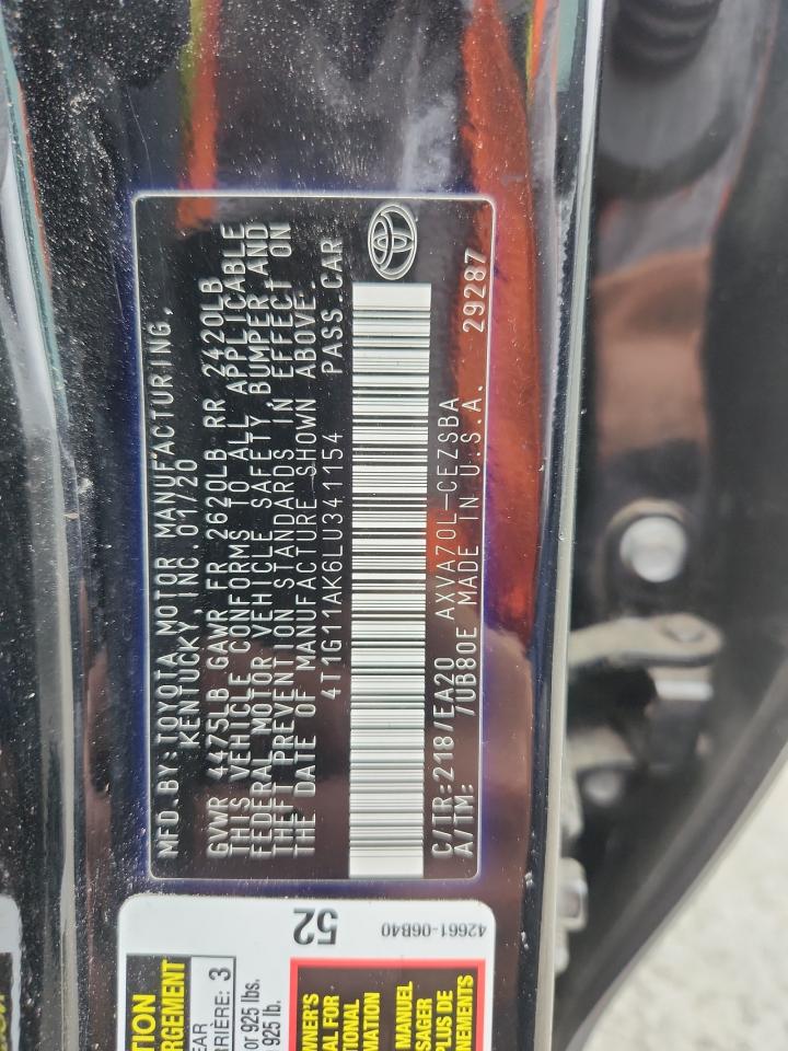 2020 Toyota Camry Se VIN: 4T1G11AK6LU341154 Lot: 84425325