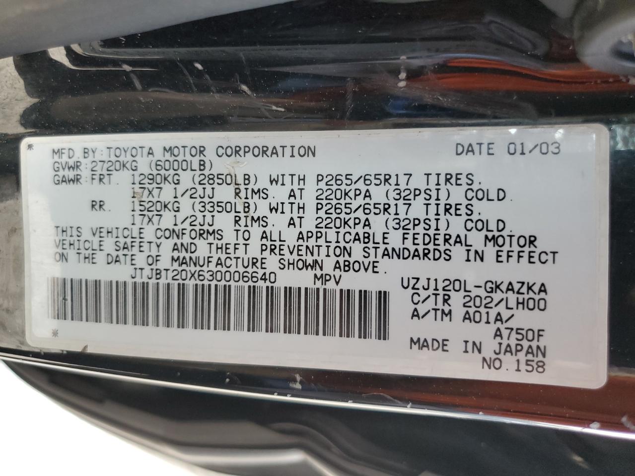 2003 Lexus Gx 470 VIN: JTJBT20X630006640 Lot: 71817755