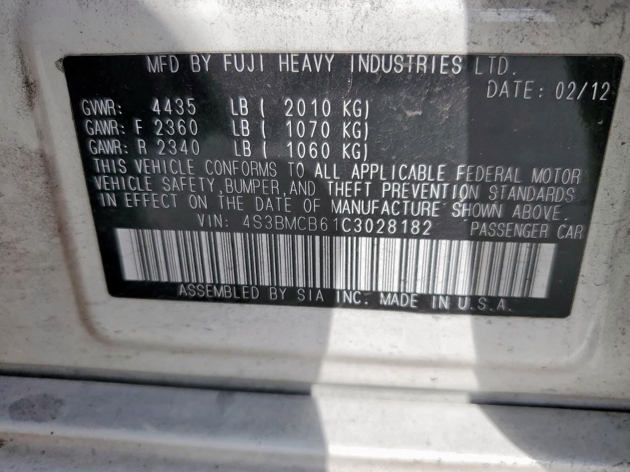 2012 Subaru Legacy 2.5I Premium VIN: 4S3BMCB61C3028182 Lot: 83840315
