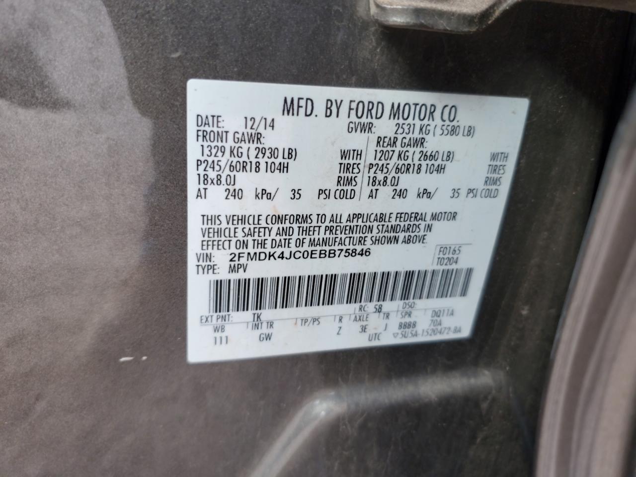 2014 Ford Edge Sel VIN: 2FMDK4JC0EBB75846 Lot: 71805605