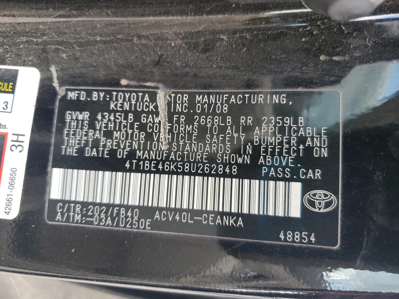 2008 Toyota Camry Ce VIN: 4T1BE46K58U262848 Lot: 71560505