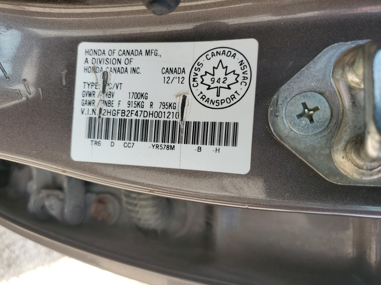 2013 Honda Civic Lx VIN: 2HGFB2F47DH001210 Lot: 80445265