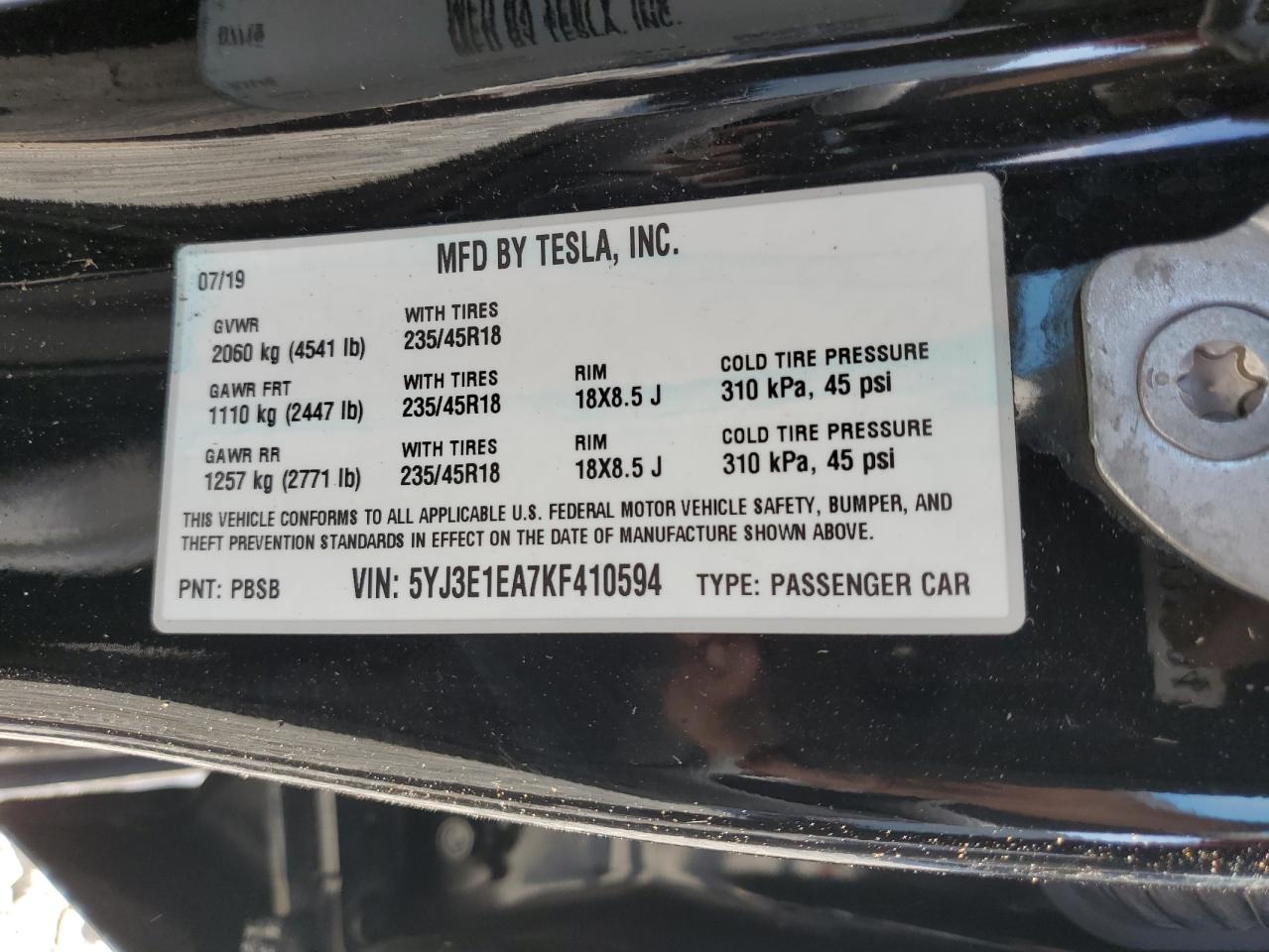 2019 Tesla Model 3 VIN: 5YJ3E1EA7KF410594 Lot: 71509245