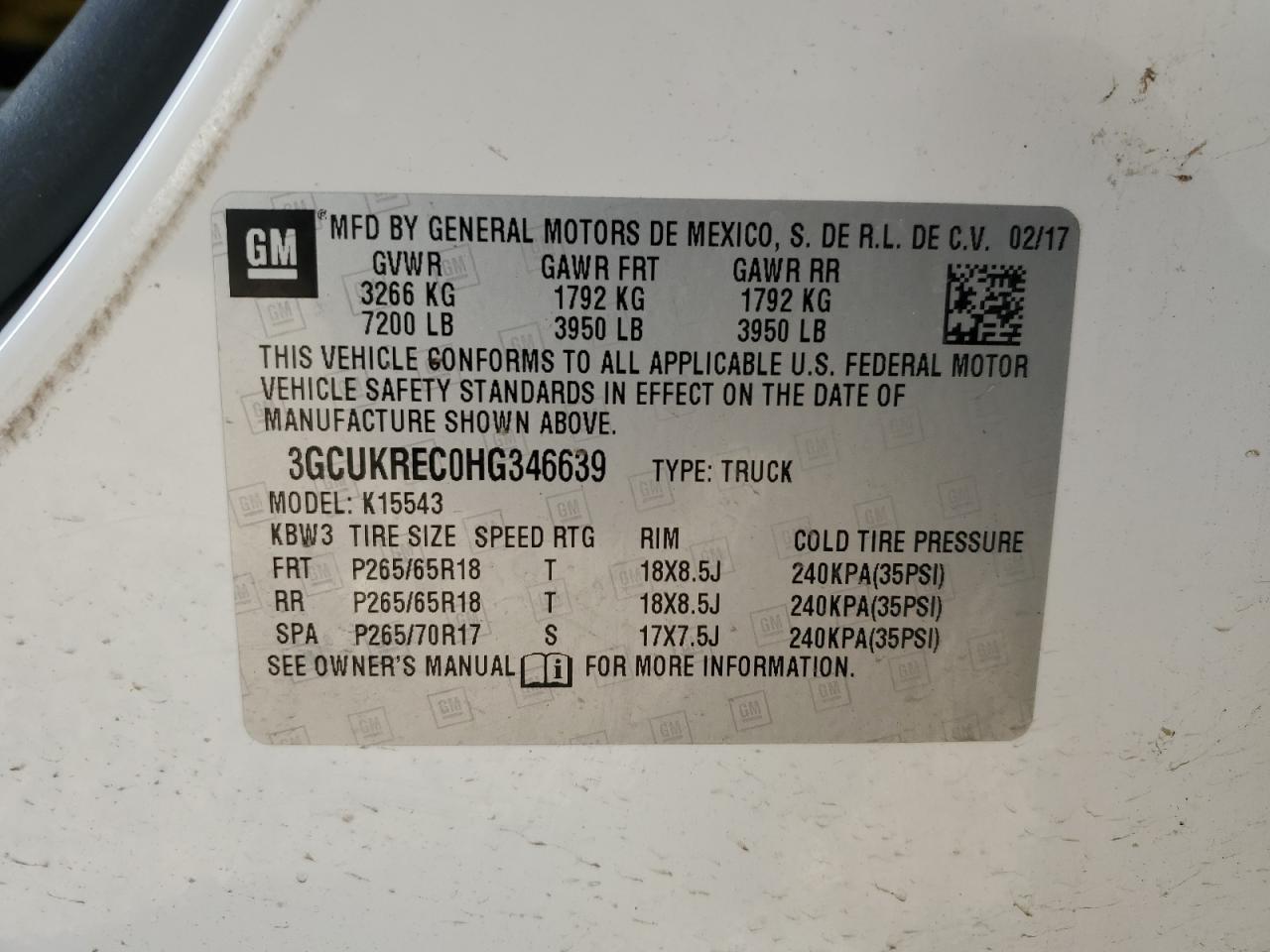 2017 Chevrolet Silverado K1500 Lt VIN: 3GCUKREC0HG346639 Lot: 84704735