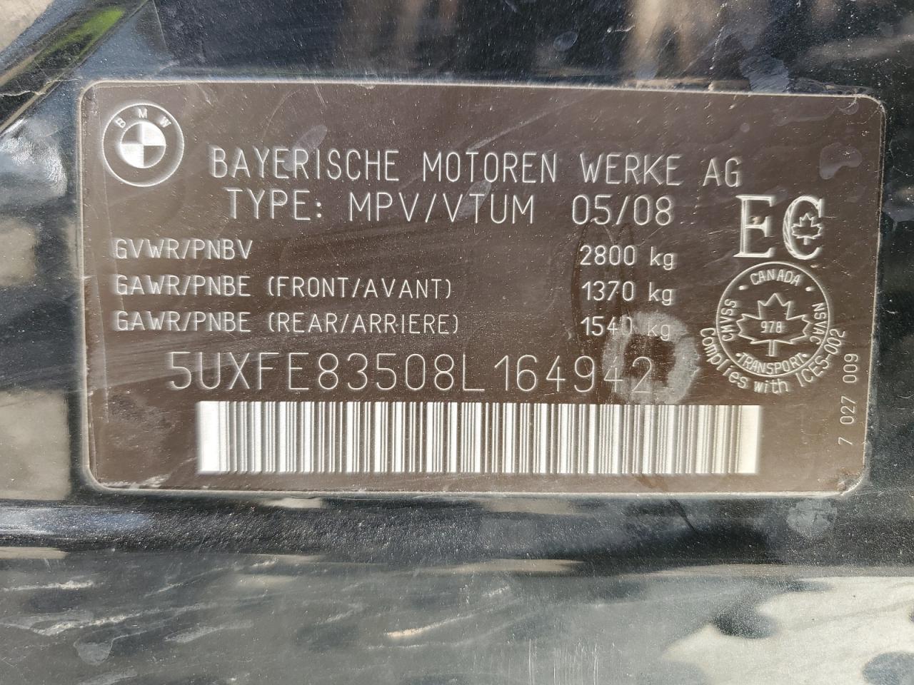 2008 BMW X5 4.8I VIN: 5UXFE83508L164942 Lot: 70284985