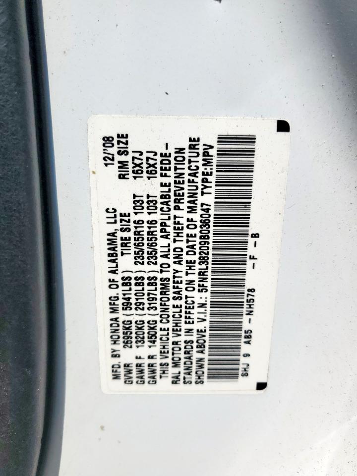 2009 Honda Odyssey Lx VIN: 5FNRL38209B036047 Lot: 80884425