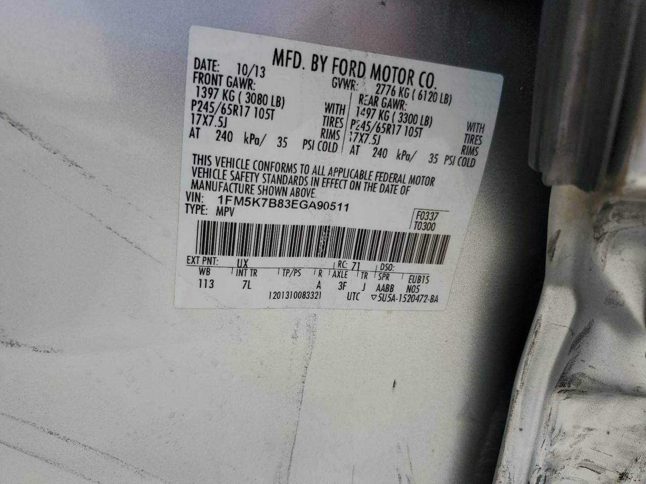 2014 Ford Explorer VIN: 1FM5K7B83EGA90511 Lot: 72046295