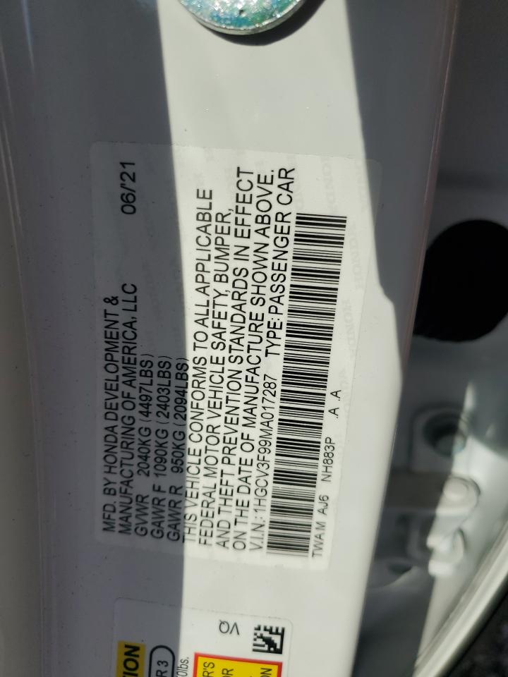 2021 Honda Accord Touring Hybrid VIN: 1HGCV3F99MA017287 Lot: 80796105