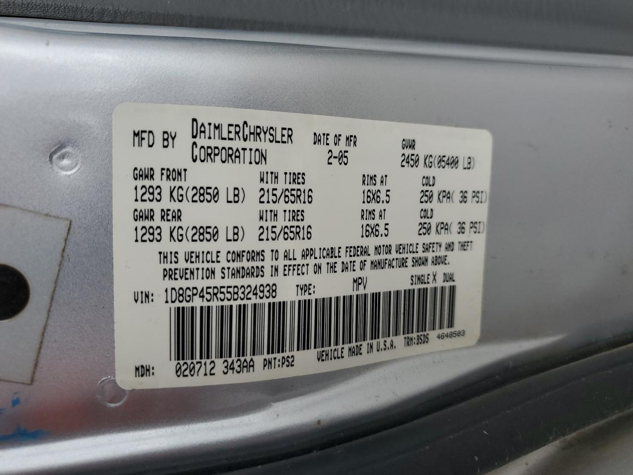 2005 Dodge Caravan Sxt VIN: 1D8GP45R55B324938 Lot: 84379465