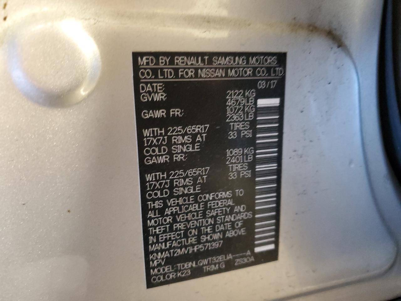 2017 Nissan Rogue S VIN: KNMAT2MV1HP571397 Lot: 70447845