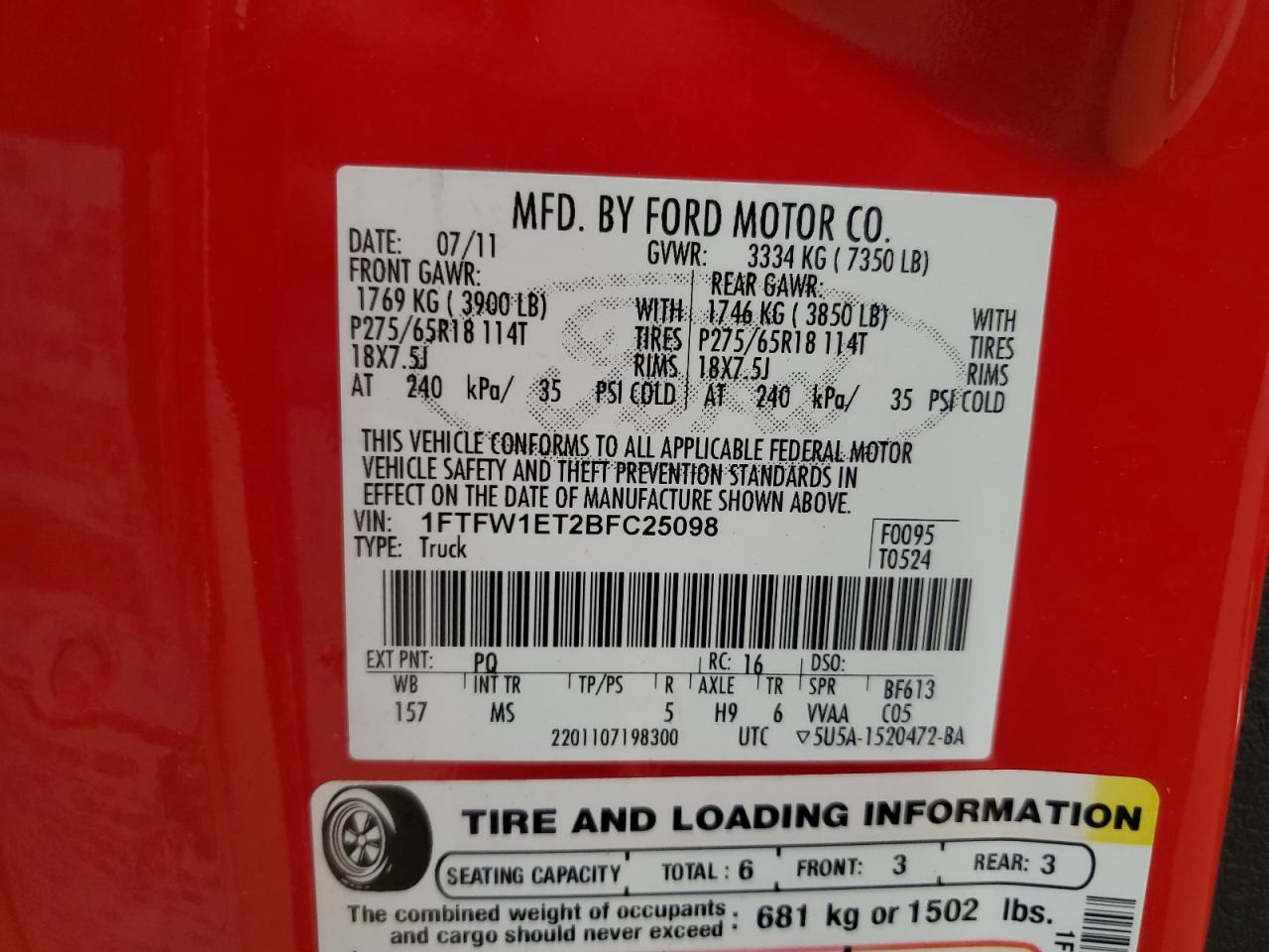 2011 Ford F150 Supercrew VIN: 1FTFW1ET2BFC25098 Lot: 86300285