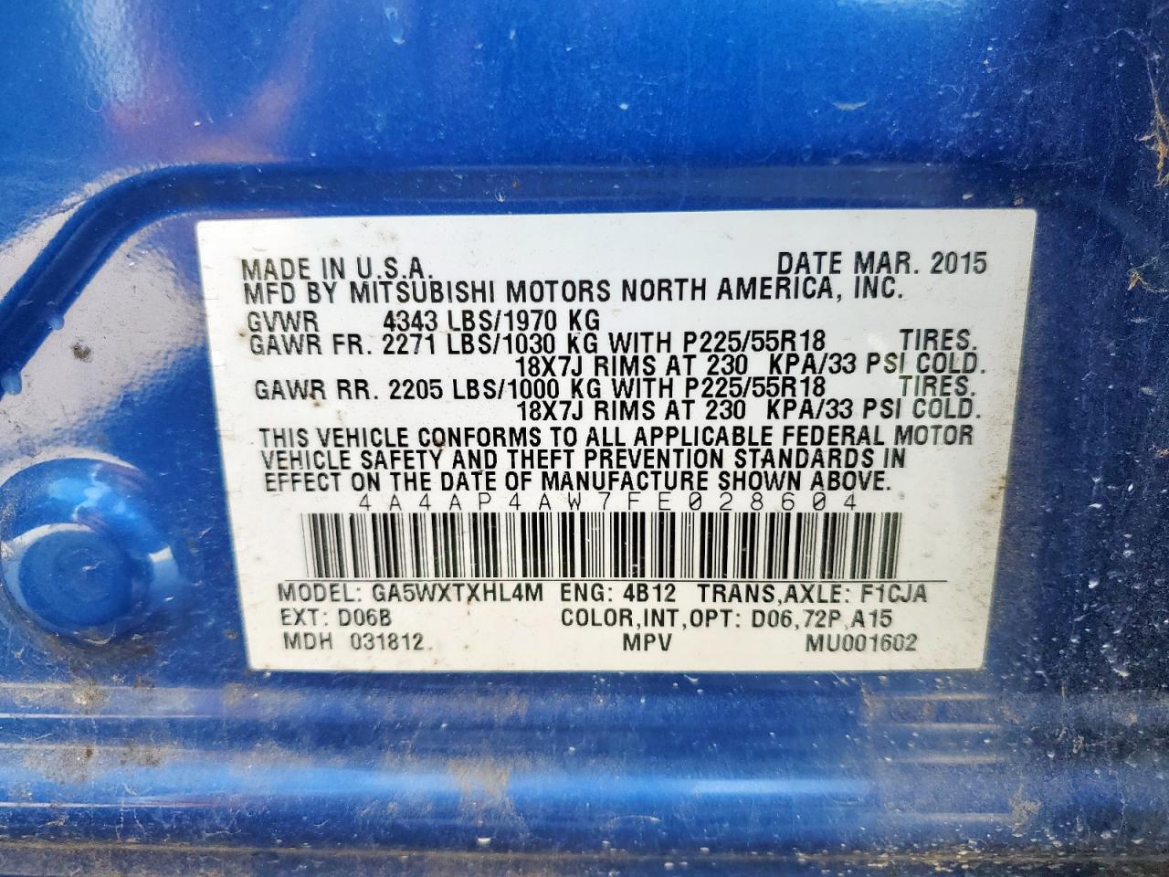 2015 Mitsubishi Outlander Sport Se VIN: 4A4AP4AW7FE028604 Lot: 80550765