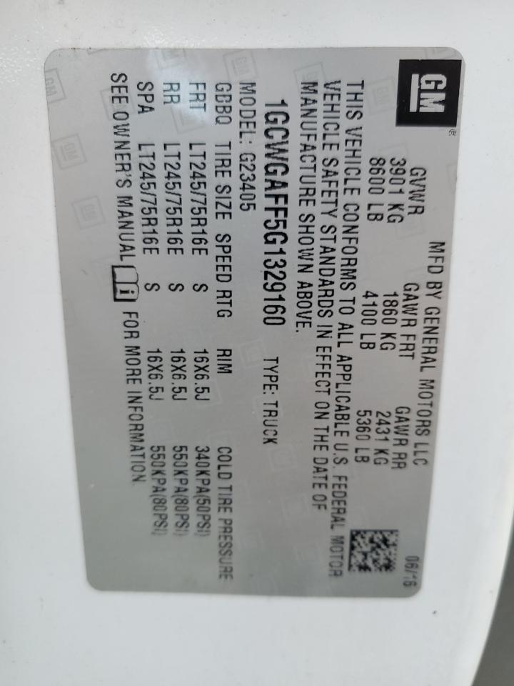 2016 Chevrolet Express G2500 VIN: 1GCWGAFF5G1329160 Lot: 80994615