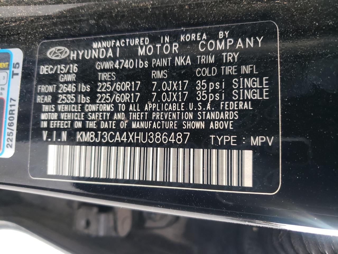 2017 Hyundai Tucson Limited VIN: KM8J3CA4XHU386487 Lot: 84040735