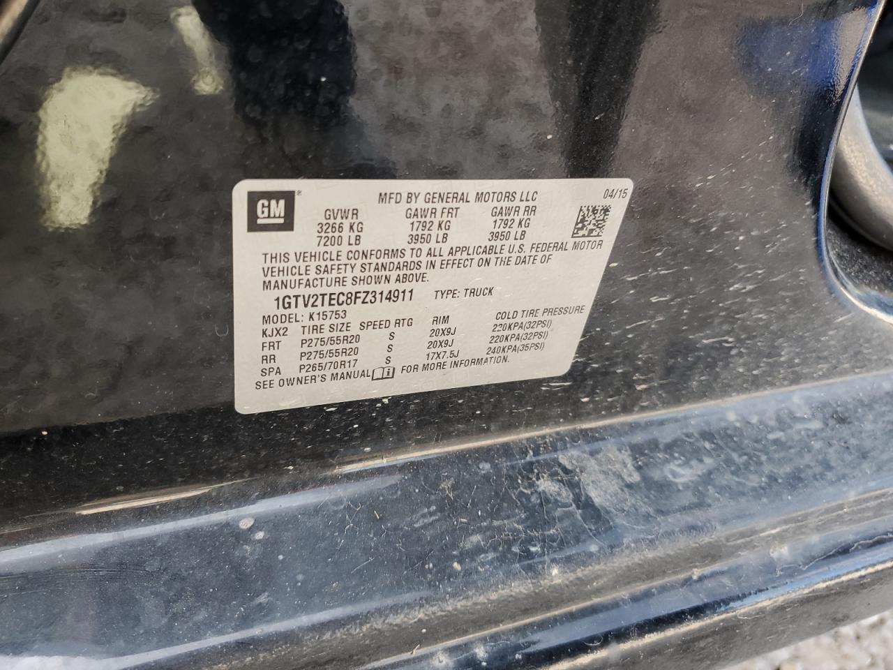 2015 GMC Sierra K1500 VIN: 1GTV2TEC8FZ314911 Lot: 81885855